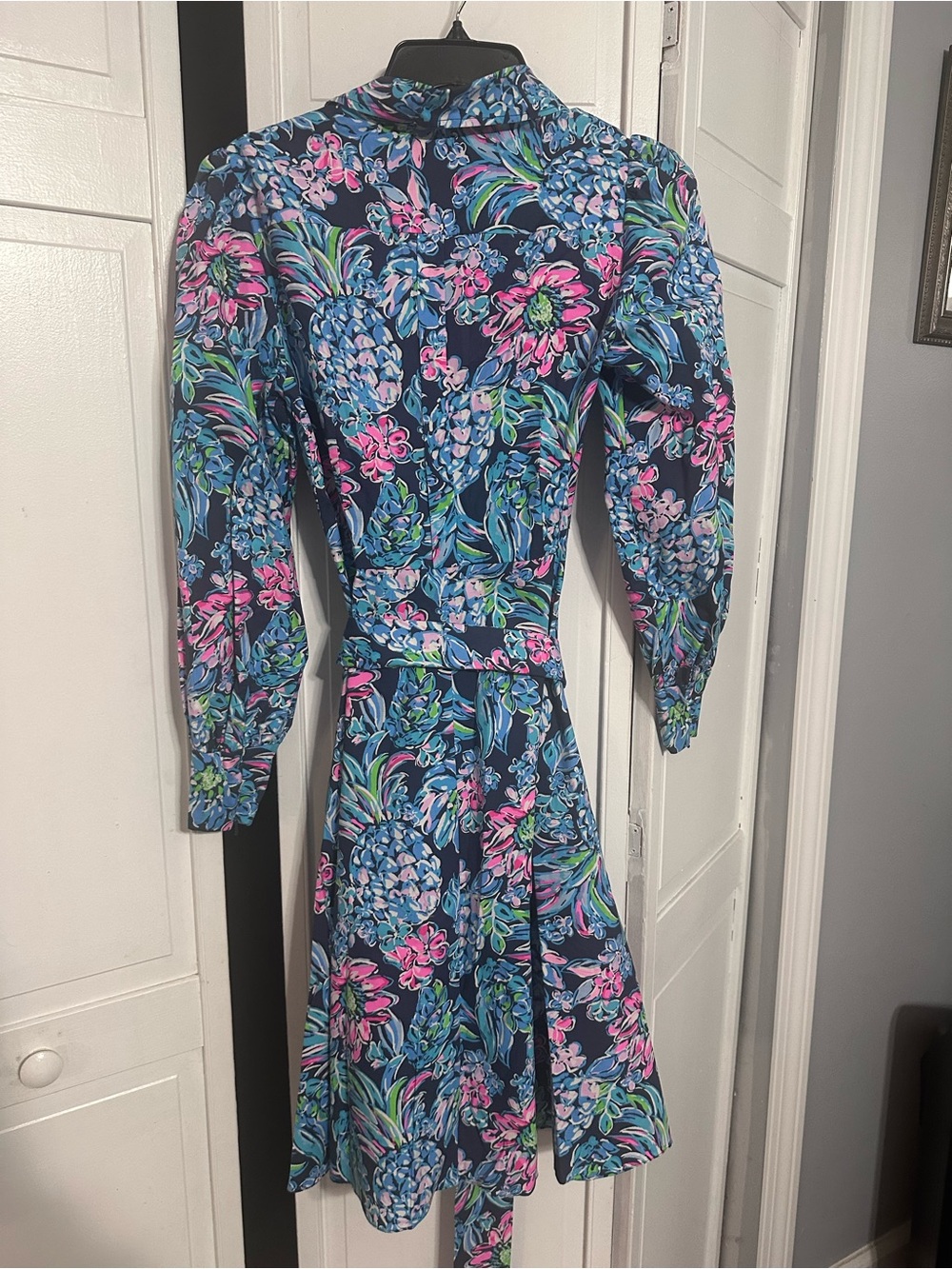Lilly Pulitzer Navy Floral Tie-Waist Long Sleeve Dress with Pink & Blue Accents